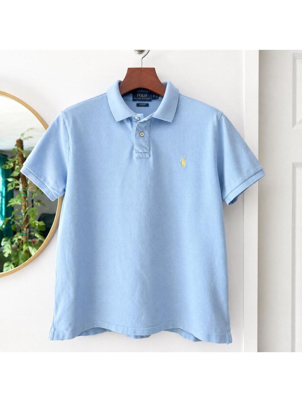 Polo Ralph Lauren light blue polo shirt with yellow logo Mens Large Custom Fit
